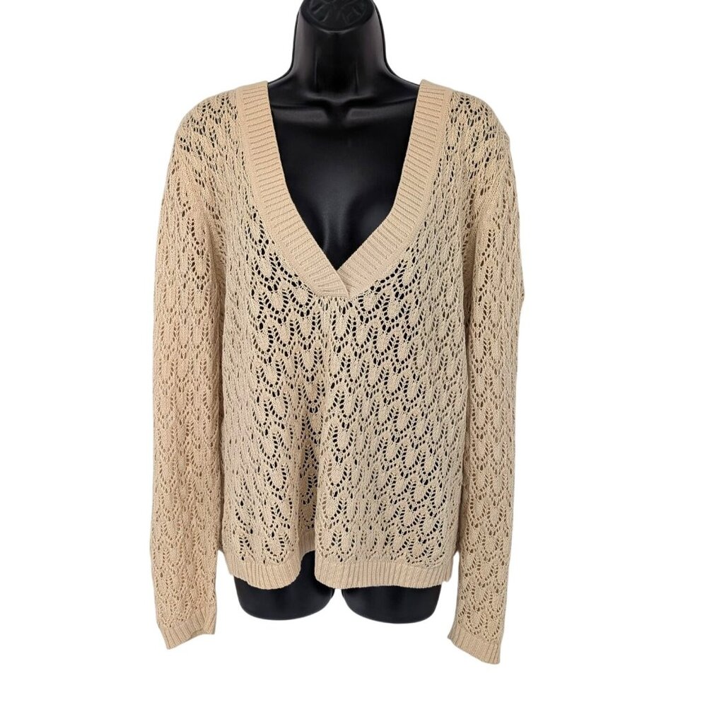 Vtg 90s Talbots Crochet V Neck Sweater Boho Coastal Pullover Open Knit Size M